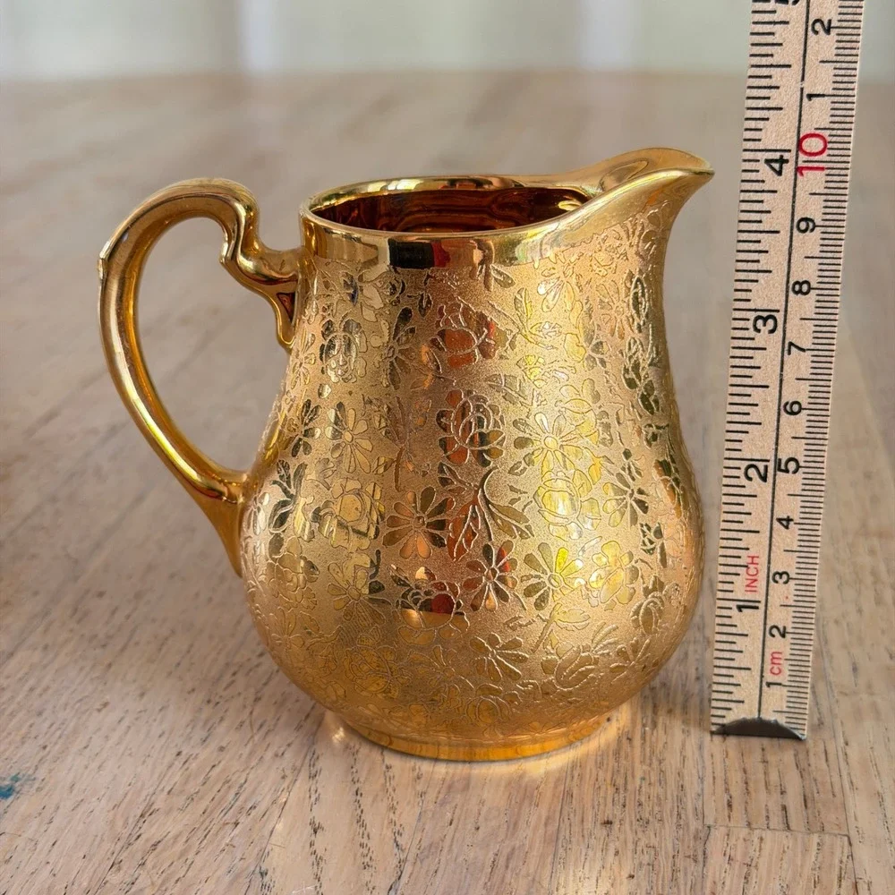 Vtg 50s Ransgil China 22K Gold Encrusted Floral Etched Creamer & Sugar Bowl Set